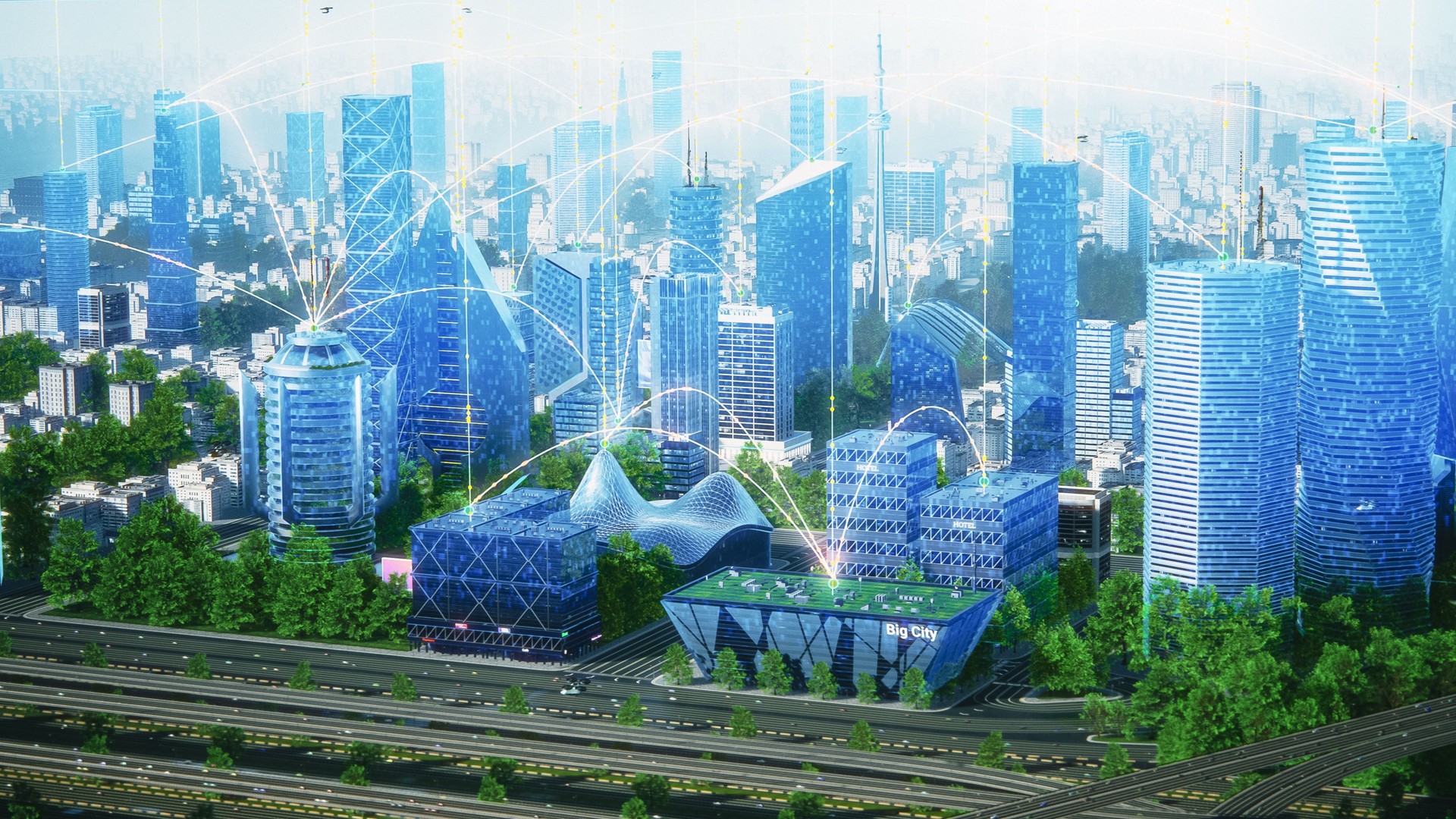 Futuristic City Concept. Wide Shot of Digitally Generated Urban Megapolis at Sunset with Rendered Skyscrapers Showing Global Big Data Connections, Information Flow, Artificial Intelligence Technology.